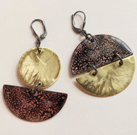 Xena, double-sided sterling silver, brass, and enameled copper earrings