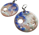 Burst, double-sided sterling silver, enameled copper earrings