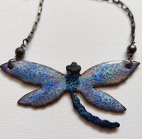 Dragonfly, reversible sterling silver, pyrite, enameled copper necklace